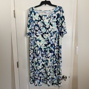 JJill Large Tall NEW w/tags worn navy/blue/creme mixed floral dress ruffle hem.